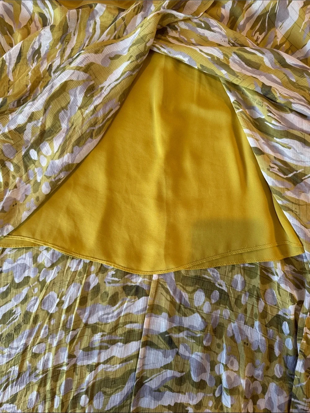 AllSaints Slvina Oniyuri Yellow Multi Camo Print Asymmetric Maxi Skirt Size 8